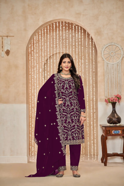 Traubenviolettes Palazzo-Set aus Georgette mit Faden- und Paillettenstickerei