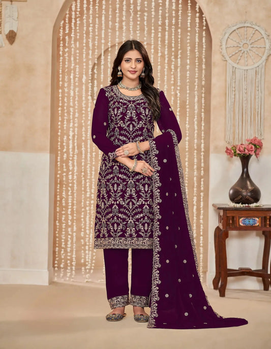 Traubenviolettes Palazzo-Set aus Georgette mit Faden- und Paillettenstickerei