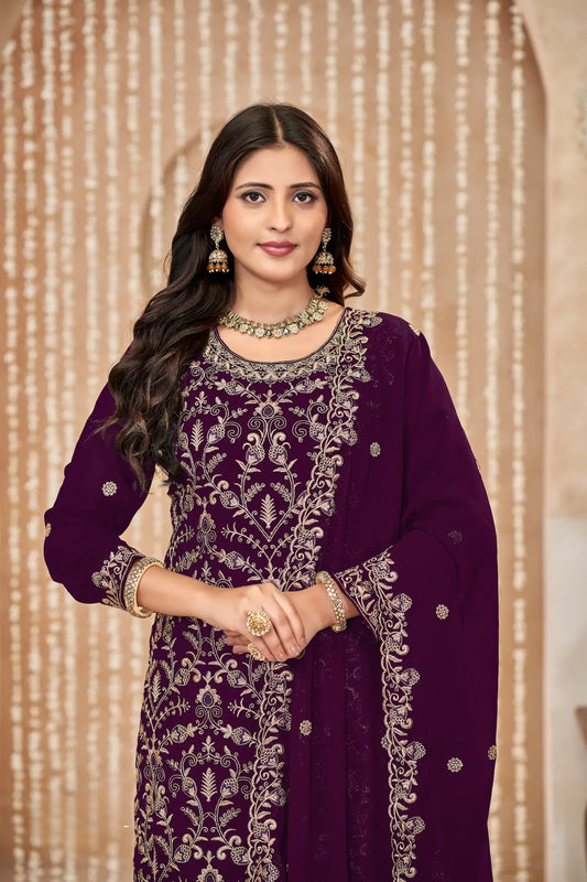 Traubenviolettes Palazzo-Set aus Georgette mit Faden- und Paillettenstickerei