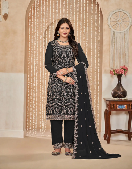 Schwarzes Georgette-Salwar-Palazzo-Set mit Faden- und Paillettenstickerei