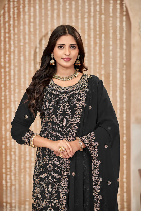 Schwarzes Georgette-Salwar-Palazzo-Set mit Faden- und Paillettenstickerei