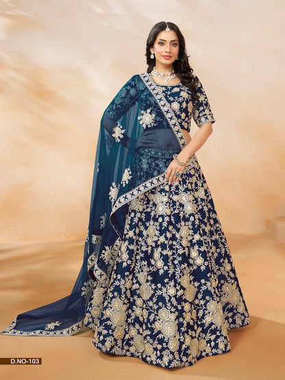 Lehenga Choli bleu marine en soie artificielle avec broderie au fil et sequins