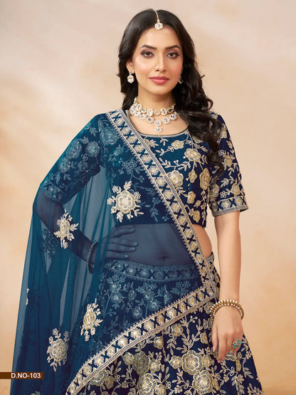 Lehenga Choli bleu marine en soie artificielle avec broderie au fil et sequins