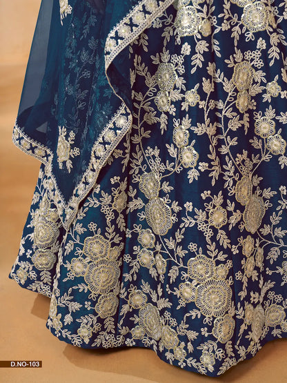 Lehenga Choli bleu marine en soie artificielle avec broderie au fil et sequins