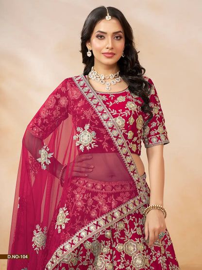 Lehenga Choli rouge en soie artificielle avec broderie au fil et sequins