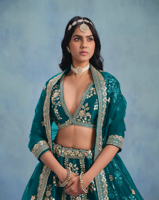 Lehenga Bleu Aqua en soie artificielle et tulle COLLECTION SONAKSHI