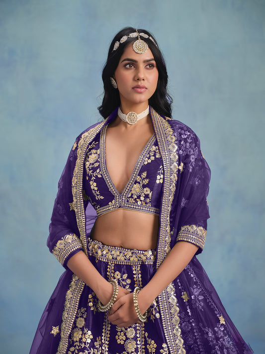 Lehenga Violet en soie artificielle et tulle COLLECTION SONAKSHI