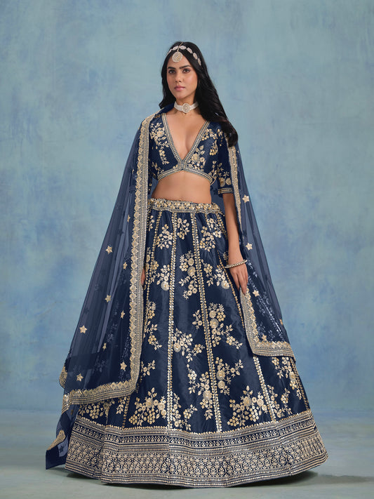 Lehenga Bleu Marine en soie artificielle et tulle COLLECTION SONAKSHI