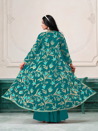 Blaues indo-westliches Georgette-Set mit Fadenstickerei und Pailletten 