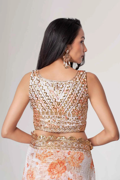 Sari Blanc en Organza avec Imprimé Floral et Détails Pailletés