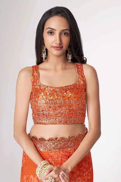 Sari Orange en Organza avec Imprimé Floral et Détails Pailletés