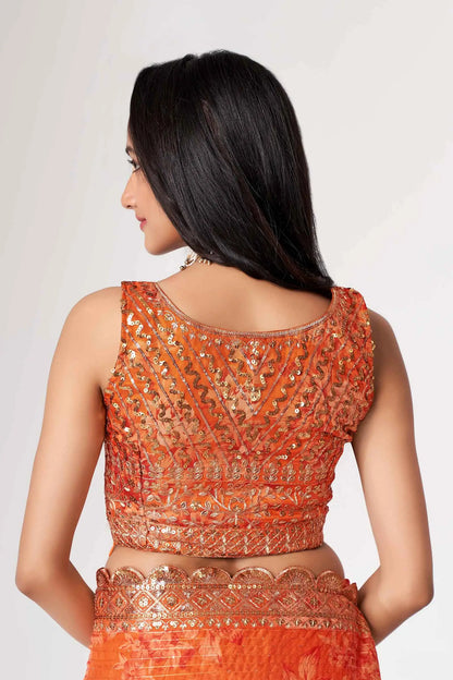 Sari Orange en Organza avec Imprimé Floral et Détails Pailletés