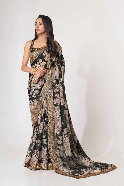Sari en organza noir à imprimé floral avec travail de sequins
