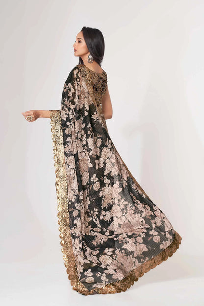 Sari en organza noir à imprimé floral avec travail de sequins