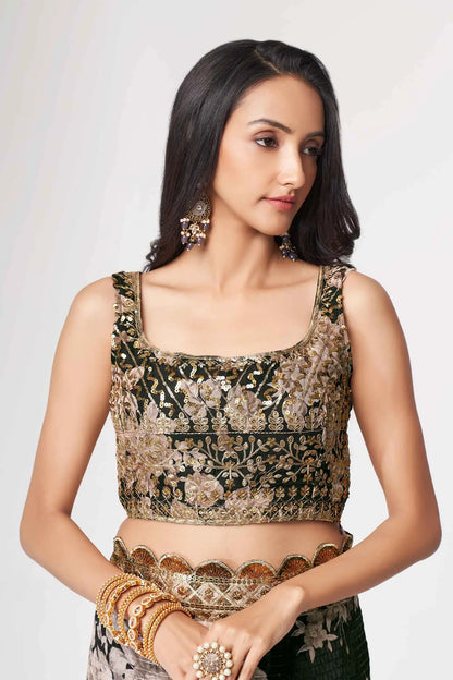 Sari en organza noir à imprimé floral avec travail de sequins