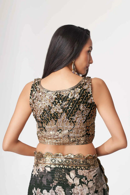 Sari en organza noir à imprimé floral avec travail de sequins