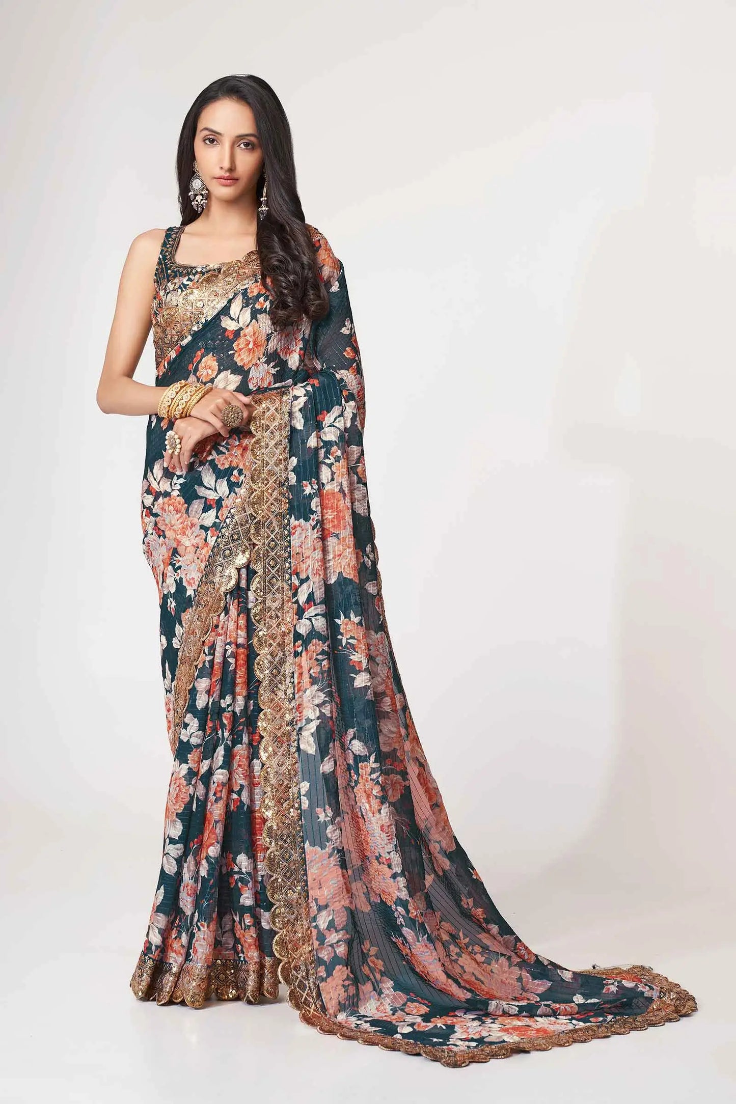Duck blue organza sari with floral print and sequin work