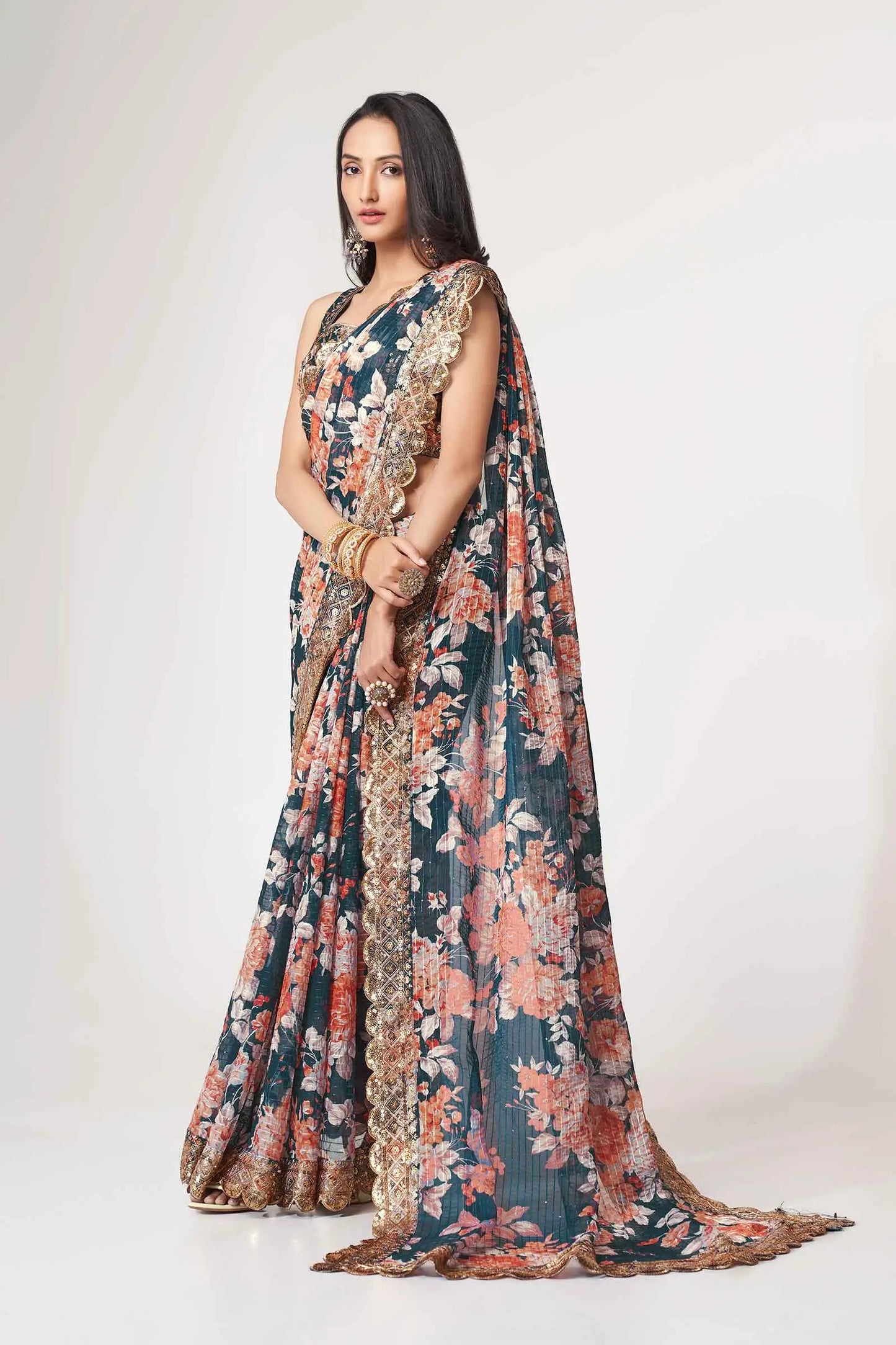 Duck blue organza sari with floral print and sequin work