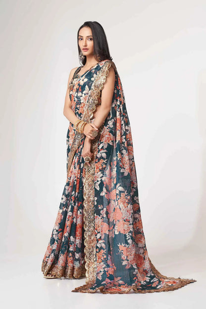 Duck blue organza sari with floral print and sequin work