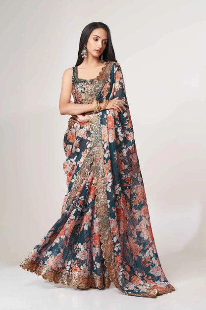 Duck blue organza sari with floral print and sequin work