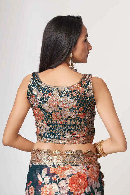 Duck blue organza sari with floral print and sequin work