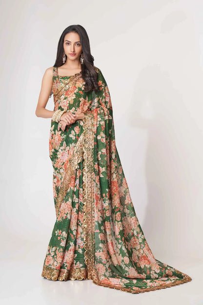 Sari en organza vert à imprimé floral avec travail de sequins