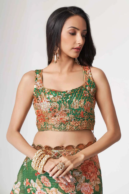 Sari en organza vert à imprimé floral avec travail de sequins