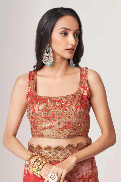 Sari en organza rouge à imprimé floral avec travail de sequins