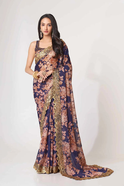 Sari en organza violet à imprimé floral avec travail de sequins