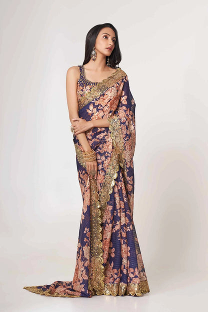 Sari en organza violet à imprimé floral avec travail de sequins