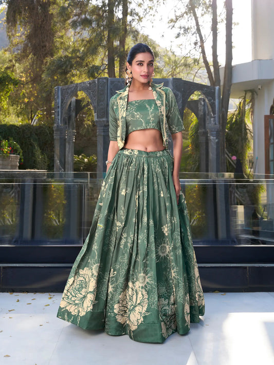 Beiges und hellgrünes Tussar-Seiden-Blumenmuster-Indo-Western-Lehenga-Choli-Set