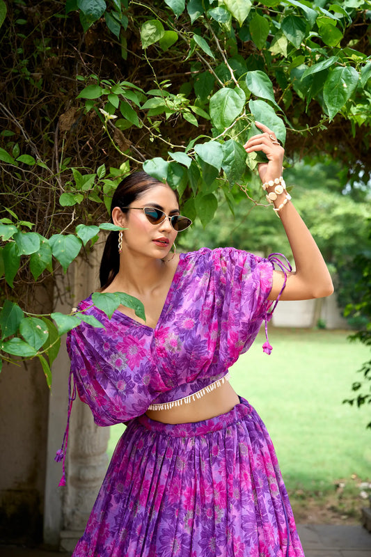 Indo-westliches lila Chiffon Lehenga Choli Set