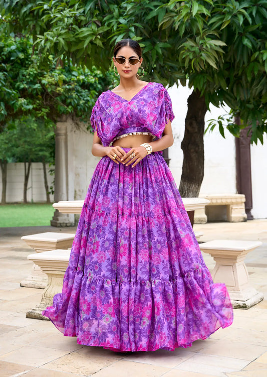 Indo-westliches lila Chiffon Lehenga Choli Set