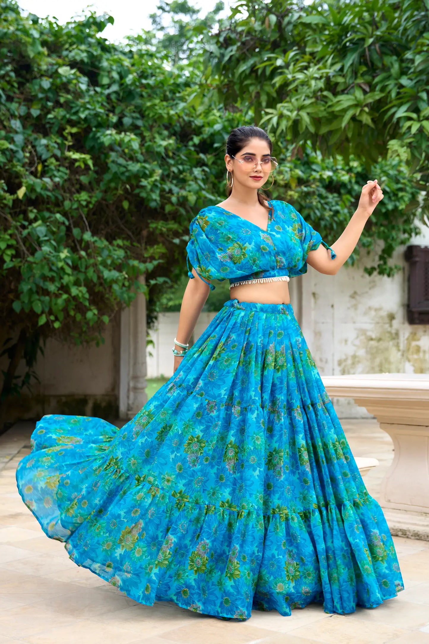 Sky Blue and Green Floral Print Chiffon Indo Western Lehenga Choli Set