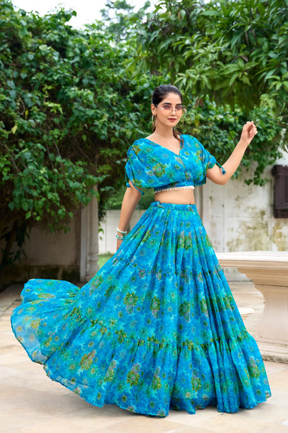 Sky Blue and Green Floral Print Chiffon Indo Western Lehenga Choli Set