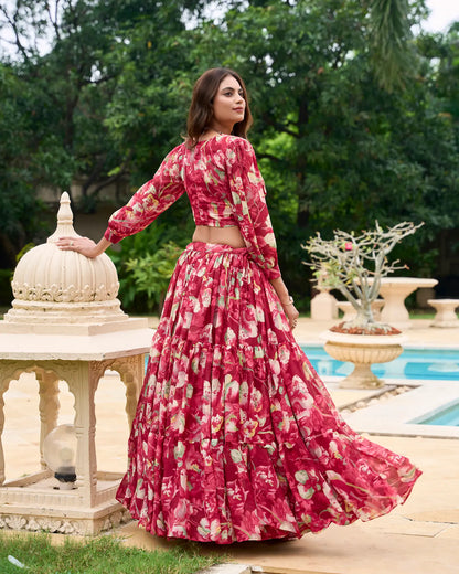 Indo-westliches florales Lehenga-Choli-Set aus burgunderfarbenem Georgette