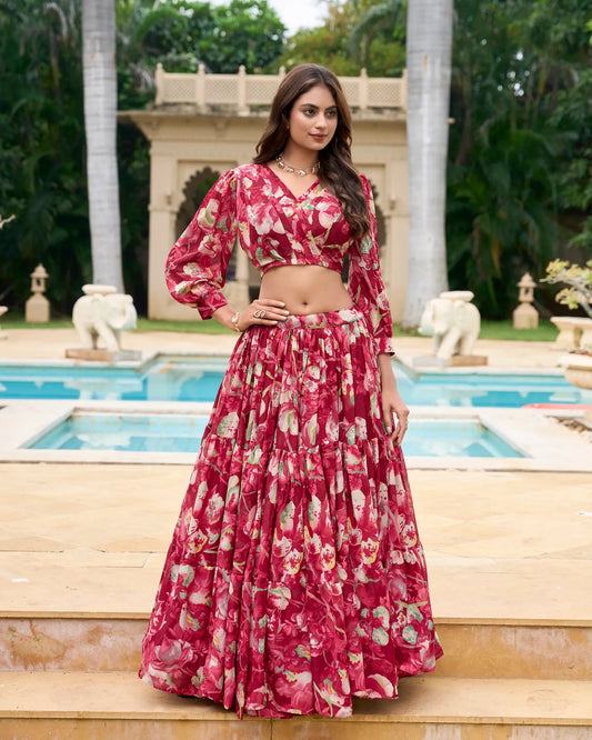 Indo-westliches florales Lehenga-Choli-Set aus burgunderfarbenem Georgette