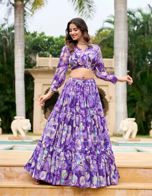 Lila Georgette Indo-Western Floral Lehenga Choli Set
