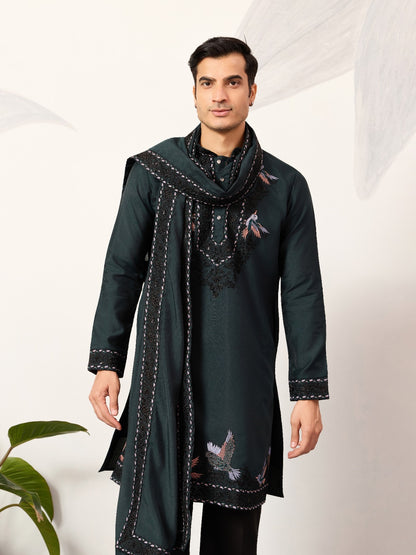 Ensemble Homme Kurta vert foncé à motifs oiseaux doux avec dupatta COLLECTION AJIT