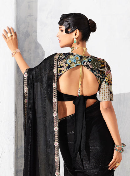 Sari noir glam organza fantaisie avec broderies COLLECTION LEYAA