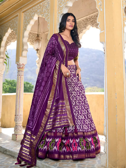 Purple Tussar Silk Lehenga Choli with Ikkat Print and Foil Work