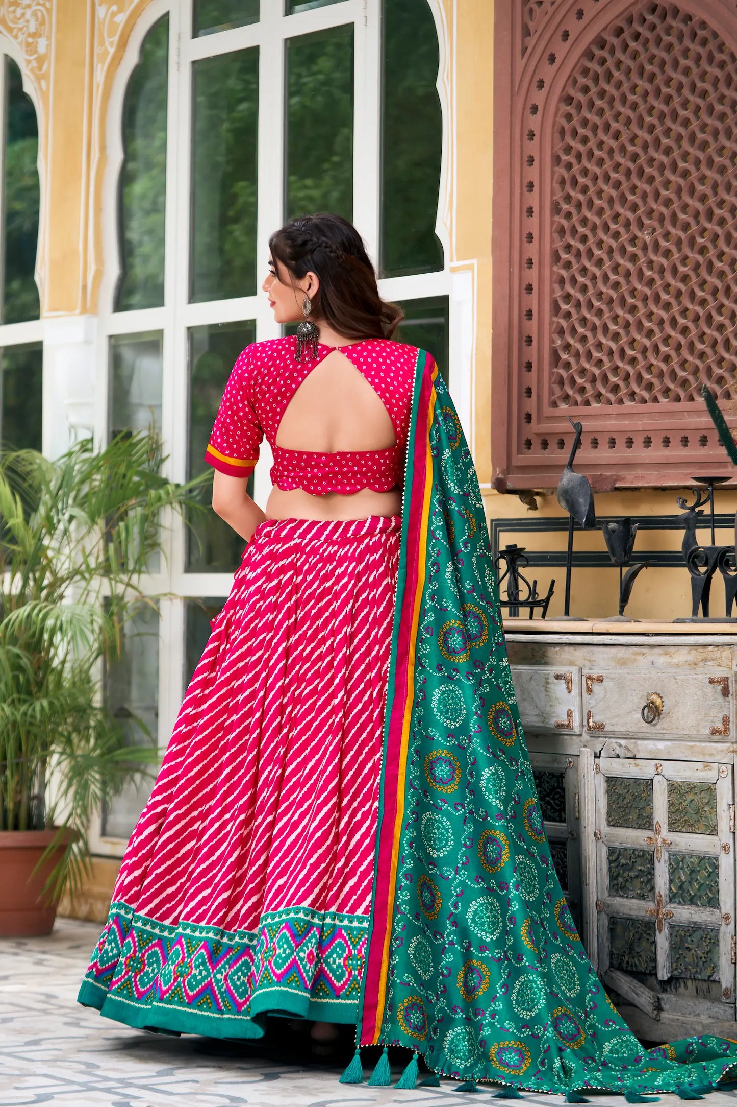 Pink and Duck Green Lehenga Choli in Tussar Silk with Leheriya Print