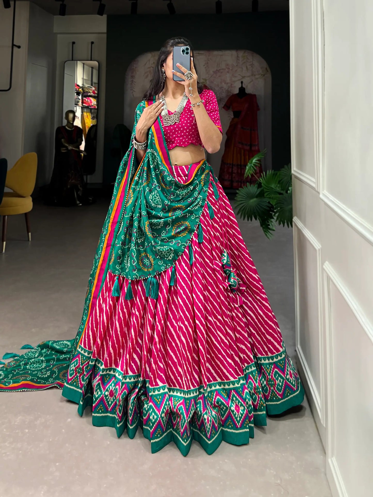 Pink and Duck Green Lehenga Choli in Tussar Silk with Leheriya Print