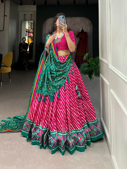 Pink and Duck Green Lehenga Choli in Tussar Silk with Leheriya Print