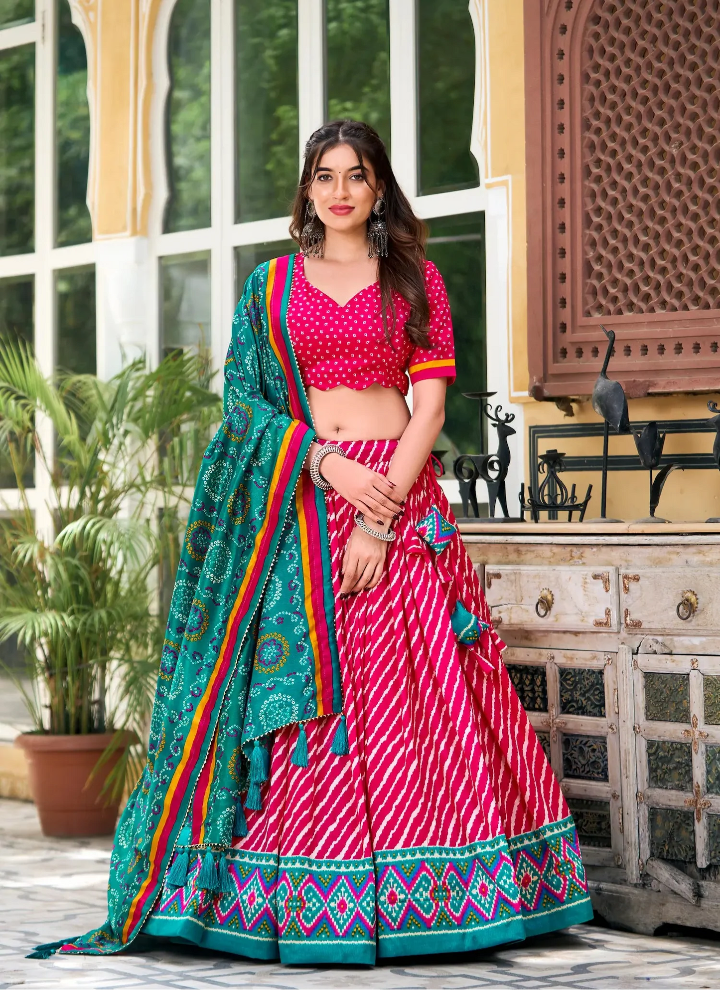 Pink and Duck Green Lehenga Choli in Tussar Silk with Leheriya Print