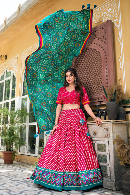 Pink and Duck Green Lehenga Choli in Tussar Silk with Leheriya Print