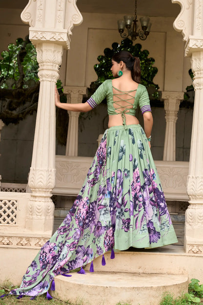Lehenga Choli Vert d’Eau en soie Tussar avec imprimé floral