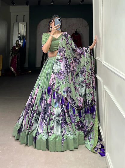 Lehenga Choli Vert d’Eau en soie Tussar avec imprimé floral