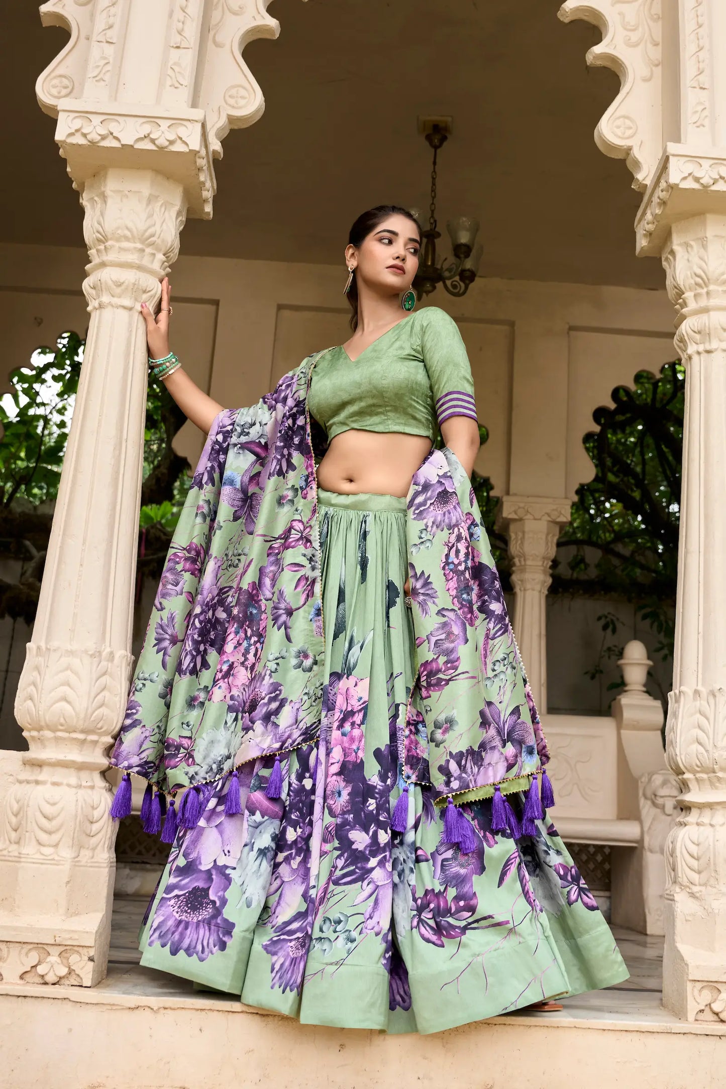 Lehenga Choli Vert d’Eau en soie Tussar avec imprimé floral