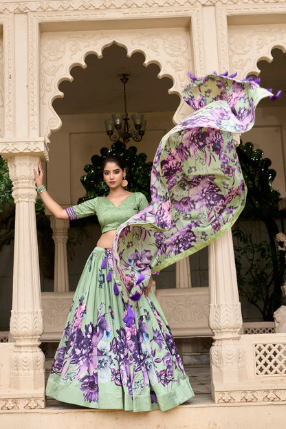 Lehenga Choli Vert d’Eau en soie Tussar avec imprimé floral